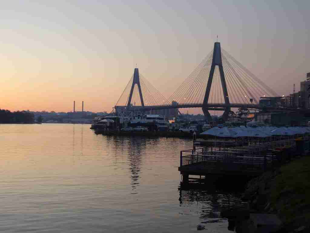 views of the Glebe island Bridge at sunset from the Sydney Fish Markets