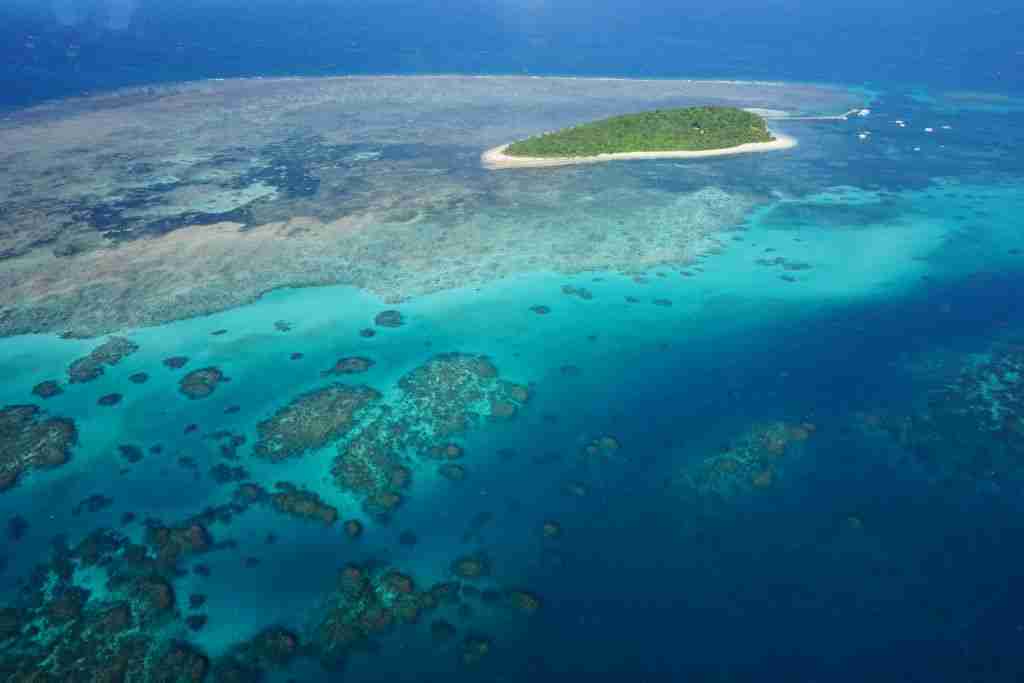 an aerial view of Green Island surrounded by coral reefs