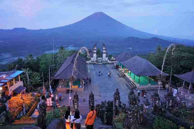 Lempuyang Temple at first light with Mount Agung in the background