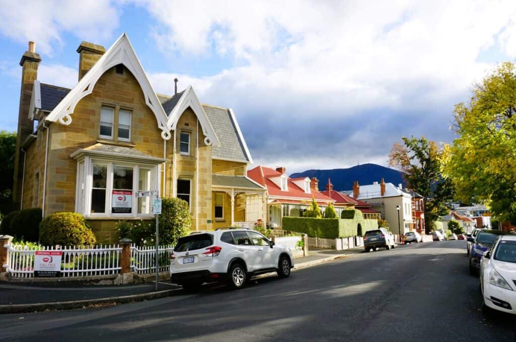 Road in Battery Point Hobart with heritage cottages and Mount Wellington in the background