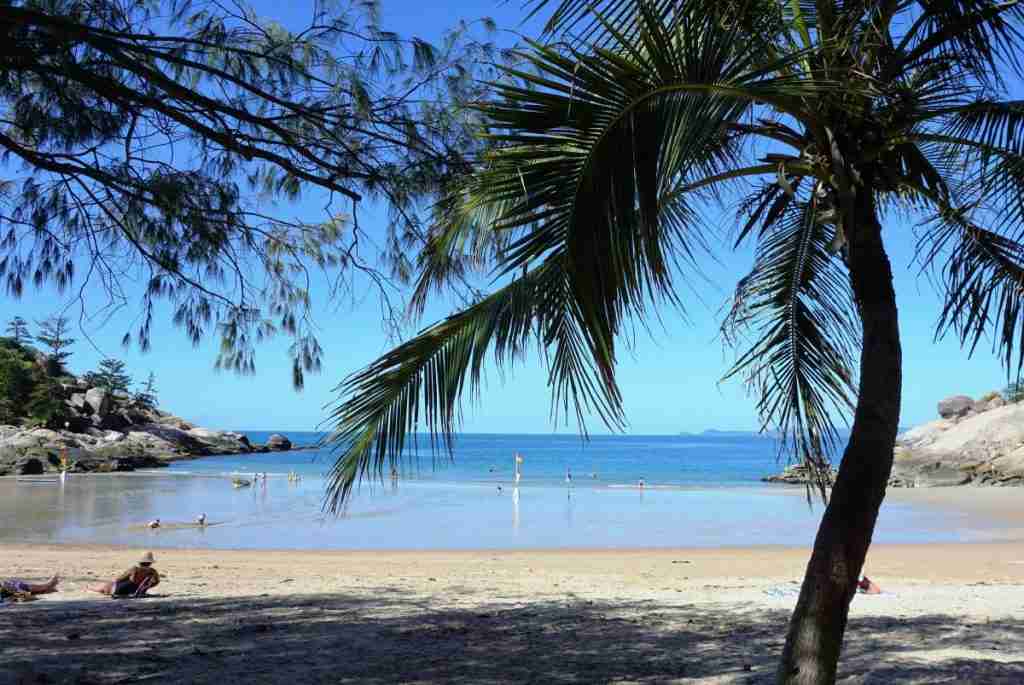visiting stunning Alma Bay Beach lined with palm trees on Magnetic Island