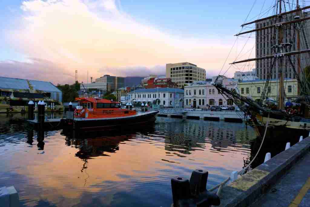 The waterfront at sunrise, one of the best things to do in Hobart without a car