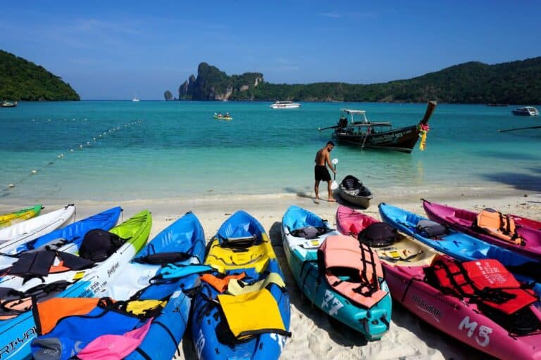 3 weeks in Thailand itinerary - Colourful kayaks on the beaches of beautiful Phi Phi island in Thailand