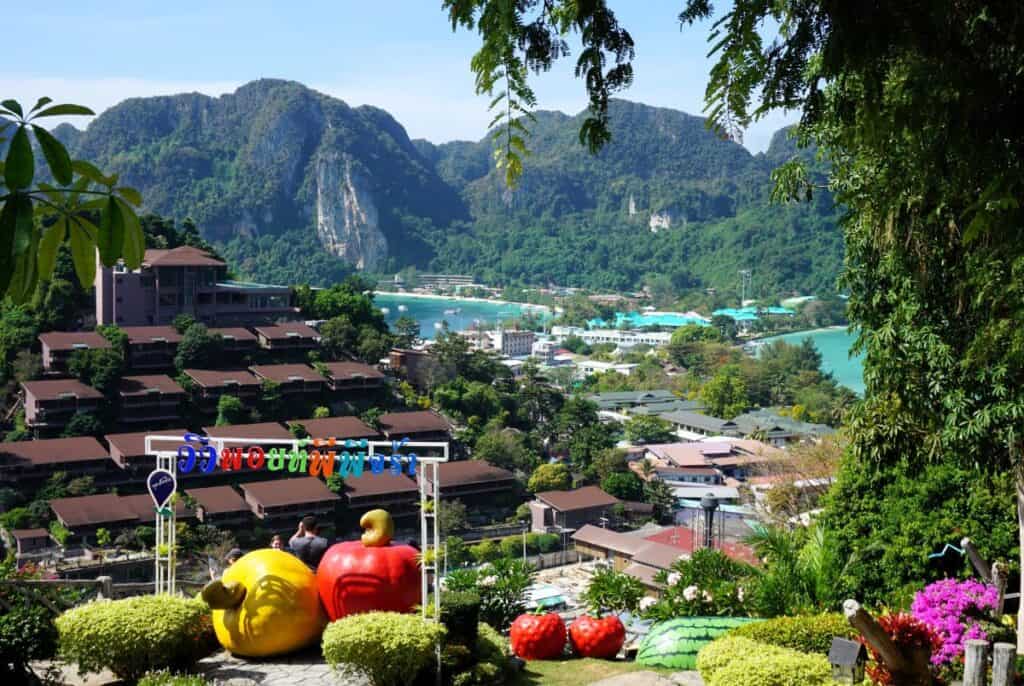 Views over Koh Phi Phi with and colourful fruit 