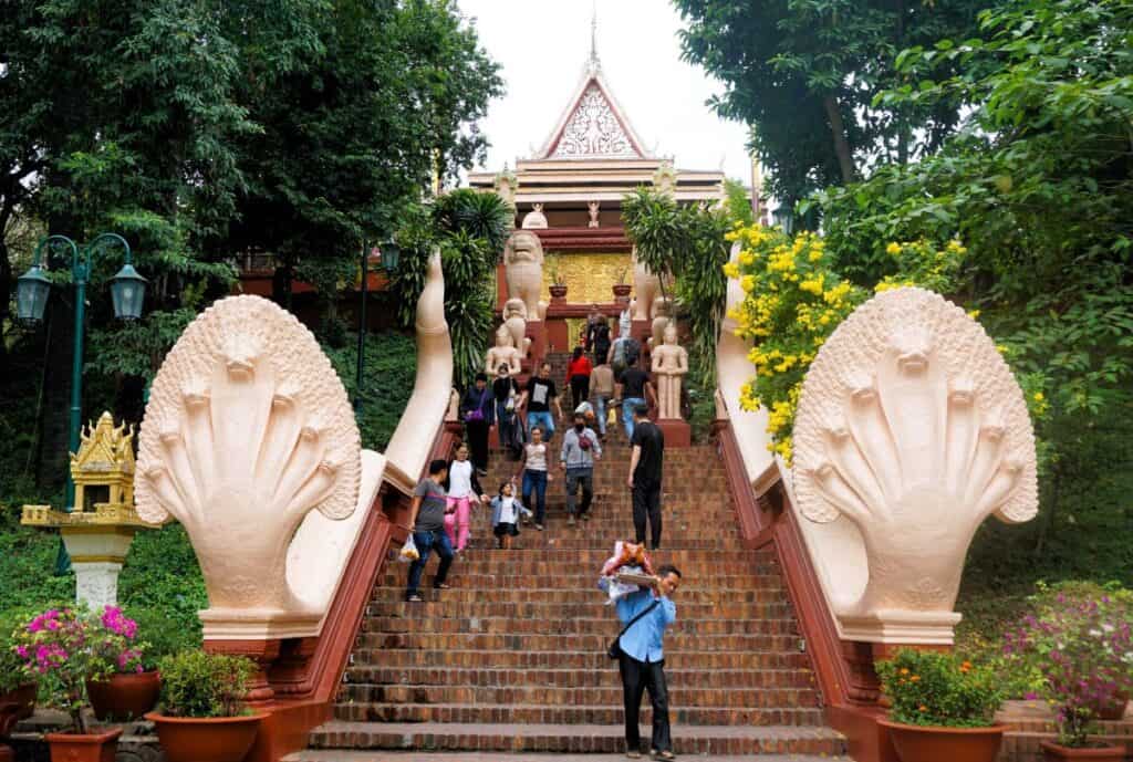 A staitcase leading to Wat Phnom in Phnom Penh Cambodia