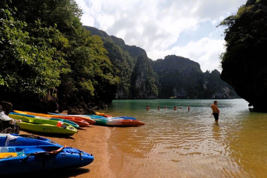 Koh Lanta or Koh Phi Phi colourful kayaks on the beach