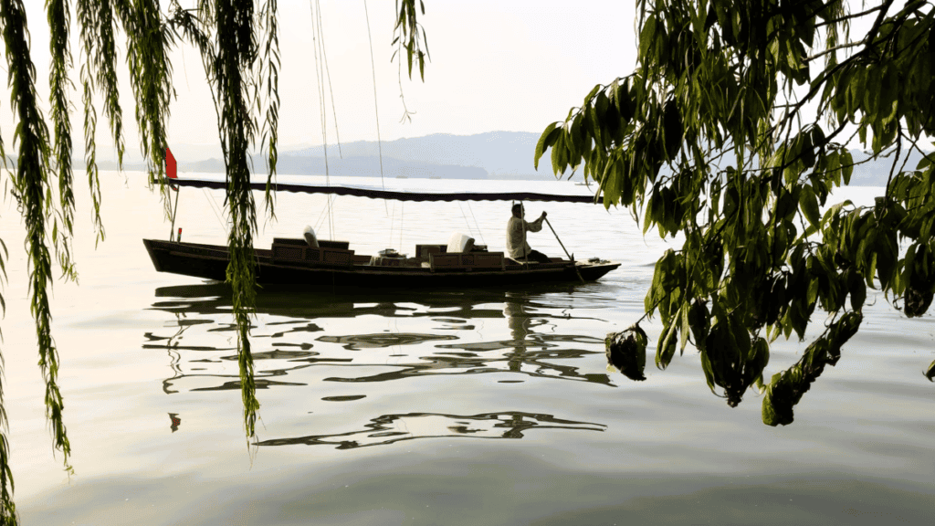 A rowing boat on the lake seen through willow trees and greenery