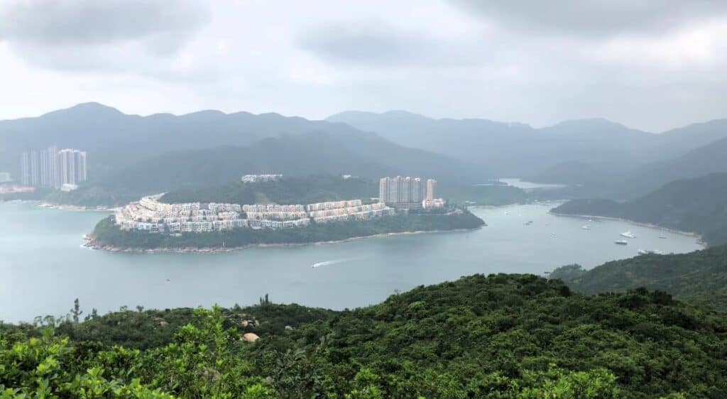 Sweeping view over green forests and blue water