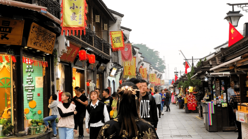 busy market place with heritage buildings and lots of people