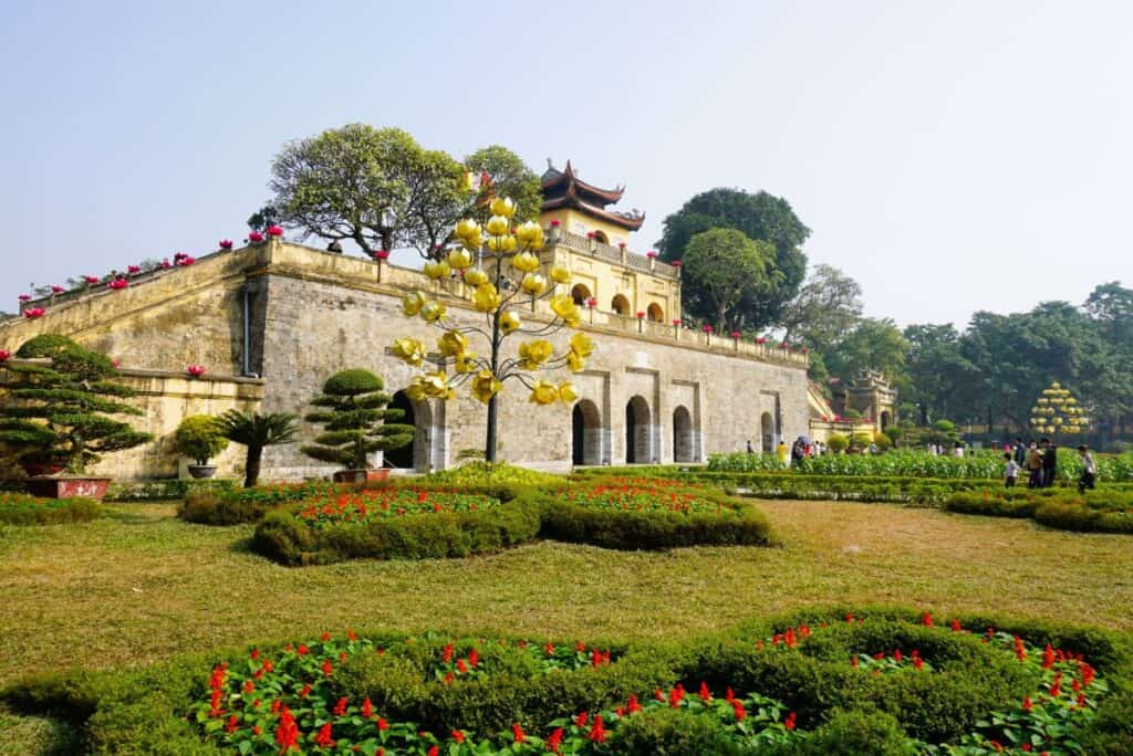 A large fortress with a flower garden at the Imperial Citadel of Than Long in Hanoi Vietnam