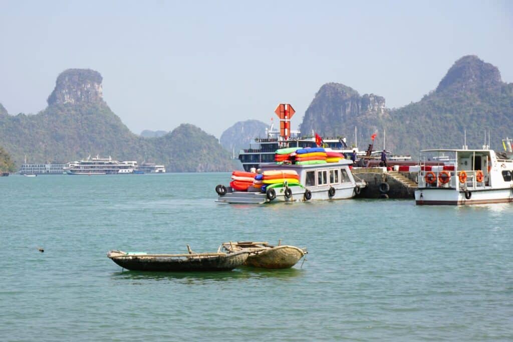 Colourful boat moored at the port on Cat Ba Island Vietnam