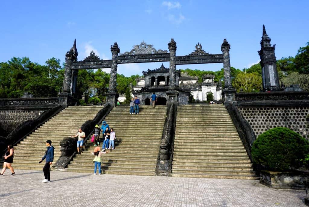Stairs leading  to the blackened mausoleum of Emperor Khai Dinh