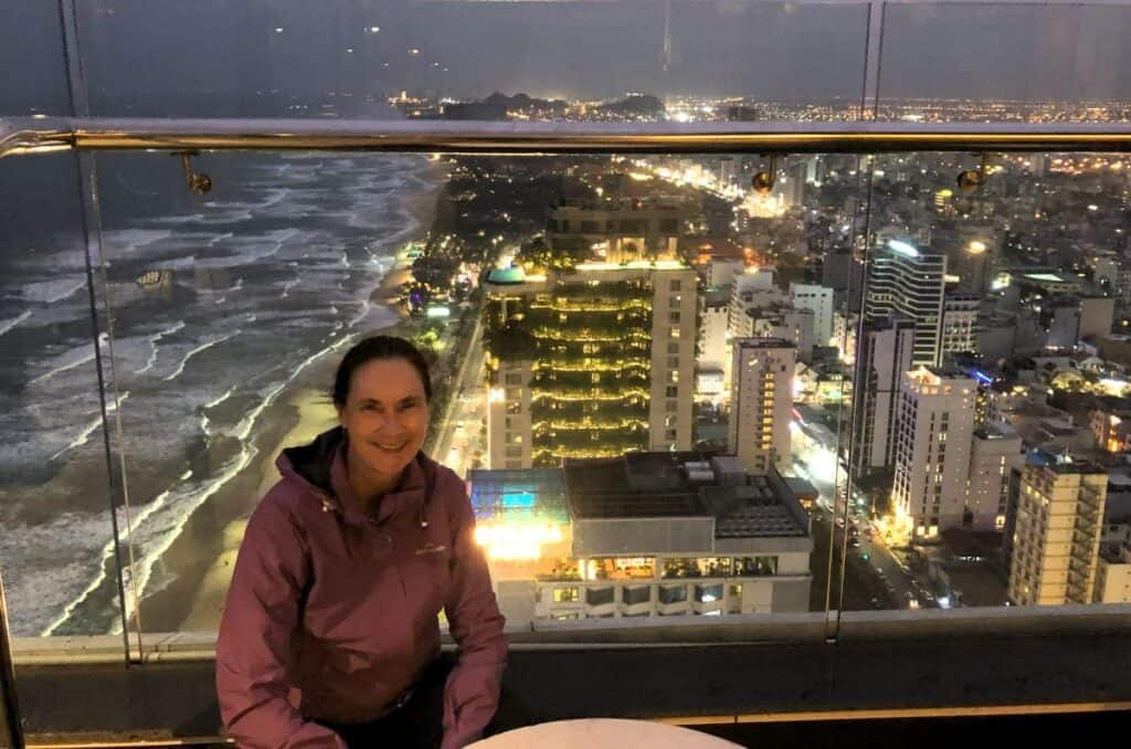 Panoramic night time view of Danang city from the 40th floor of the Luxury Hotel in Danang
